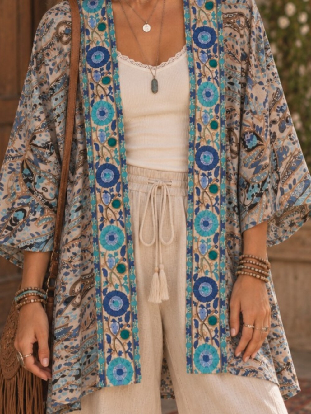 Embroidered Open-Front Kimono Jacket in Beige and Teal